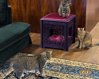 Multifunctional Cat House: Wooden Cat Cube with Velvet Cushions (USA only)
