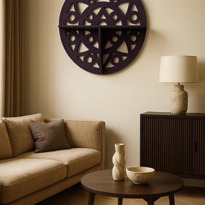 Large Round Wood Wall Shelf: Oriental Rosette Design, Dark Purple
