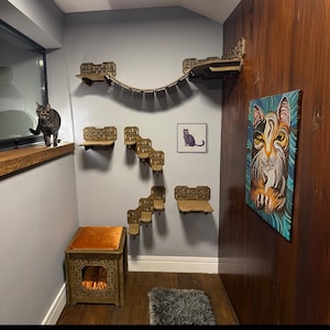 Wall-Mounted Cat Shelves - Set of 9 With Bridge, Cat wall furniture, Cat shelves for climbing, Kletterwand katze, Cat wall, Cat tree