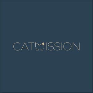 May include: A logo with the word "CATMISSION" in a light beige color on a dark blue background. The "M" in the word is stylized to look like a cat's face.