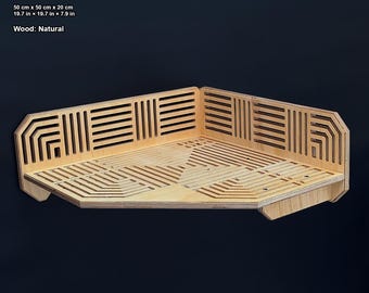 May include: Natural wood corner shelf, size L, with geometric cutouts. Dimensions are 19.7 in x 19.7 in x 7.9 in. The shelf is designed to fit into a corner and has a modern aesthetic. The text on the image reads "Corner Shelf size L".