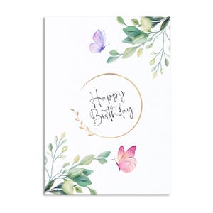 Edle Geburtstagskarte A6 I Happy Birthday I Elegant & Goldakzente I Schmetterlinge I Blätter I Florale Karte I Handgezeichnet I zeitlos