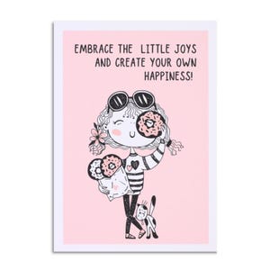 Postkarte “Little Joys” A6 | Spruchkarte für Lebensfreude & kleine Glücksmomente | Geschenk für Frauen, die ihr Glück selbst gestalten