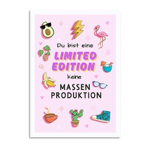 Postkarte “Du bist eine Limited Edition” A6 | Motivierende Karte mit Flamingo, Avocado & Co. | Geschenkidee für Freundinnen und Powerfrauen