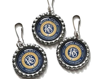 LDS Relief Society Theme, Charity Never Faileth, Relief Society Gift, Bottle Cap Zipper Pull, Bottle Cap Key Chain, Relief Society Logo