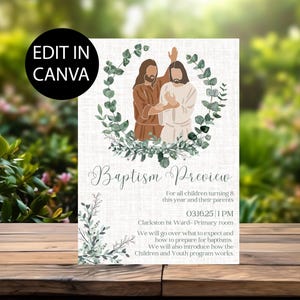 Puede incluir: Un anuncio de previsualización del bautismo imprimible con una corona de eucalipto verde y una ilustración de Jesús bautizando a una persona. El texto dice "Baptism Preview" e incluye la fecha y la hora del evento, "03.16.25 | 1 PM", y la ubicación, "Clarkston 1st Ward - Primary room".