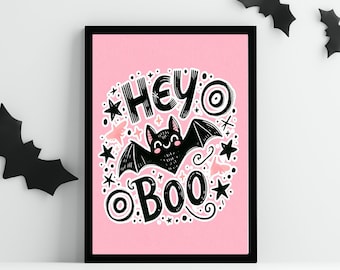 Pink Halloween Printable, Hey Boo, Retro Halloween Wall Art, cute Halloween Dorm, Girl Halloween, Bat Printable Halloween, Pastel Decor