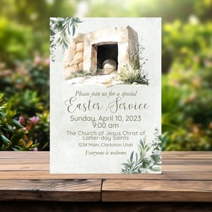 May include: An invitation to an Easter service at The Church of Jesus Christ of Latter-day Saints. The invitation features a watercolor illustration of a stone tomb with a green leafy border. The text reads: "Please join us for a special Easter Service, Sunday, April 10, 2023, 9:00 am, The Church of Jesus Christ of Latter-day Saints, 1234 Main, Clarkston Utah, Everyone is welcome."
