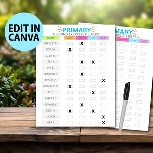 May include: Two printable charts for primary school students to sign up for opening and closing prayer, scripture, and talking during exercise time. The charts have names listed on the left side and checkboxes for each activity.