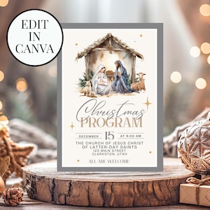 Pode incluir: Um anúncio de programa de Natal imprimível com uma ilustração em aquarela da cena da Natividade. O texto diz "Programa de Natal", "15 de dezembro às 9:00 AM", "A Igreja de Jesus Cristo dos Santos dos Últimos Dias", "123 Main Street, Clarkston, Utah" e "Todos são bem-vindos".