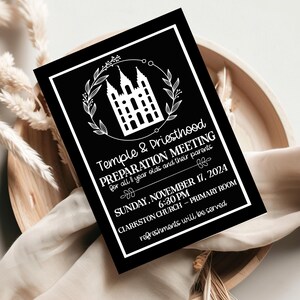 May include: Black and white invitation for a Temple & Priesthood Preparation Meeting for all 1 year olds and their parents. The meeting will be held on Sunday, November 17, 2024 at 6:30 PM in the Primary Room at Clarkston Church. Refreshments will be served.