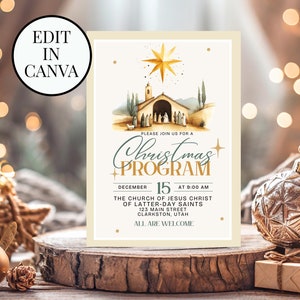 Puede incluir: Una invitación a un programa de Navidad de color beige con una ilustración de acuarela de la escena de la Natividad. El texto dice "Por favor, únase a nosotros para un programa de Navidad, el 15 de diciembre a las 8:00 AM, La Iglesia de Jesucristo de los Santos de los Últimos Días, 123 Main Street, Clarkston, Utah, Todos son bienvenidos."