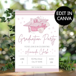 Editable Graduation Party Invitation Template, Coquette Bow Pink Graduation Invite, Coquette Grad Announcement, Girl Graduation party ideas
