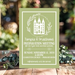 May include: A green and white invitation for a Temple & Priesthood Preparation Meeting for all 11 year olds and their parents. The meeting will be held on Sunday, 17 November 2024 at 6:30 PM at the Clarkston Church in the Primary Room. Refreshments will be served.