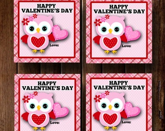 Happy Valentine's Day- Owl - Gift Tags, Cards- (6) 3x3 Cards- Instant download