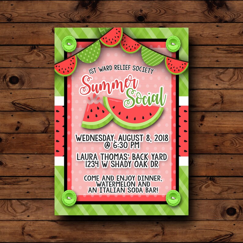 Relief Society Invitation, LDS Relief Society Printable Invitation, Relief Society Activity Ideas, Summer Social Invite, Watermelon invite image 1