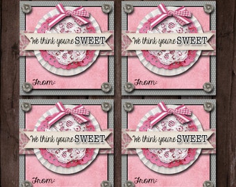 We Think You're SWEET- Happy Valentine's Day- Gift Tags, Cards, Treat Tags- (6) 3x3 Cards- Instant download
