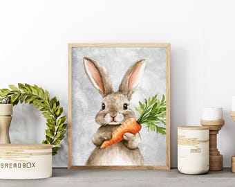 Cute Easter Bunny Print, Easter Bunny Neutral, Easter Bunny with Carrot, Wall Art Easter Printable Vintage Decor Rabbit, Carrot Bunny, Print