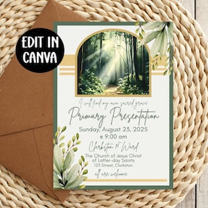May include: A green and gold invitation card with the text "Primary Presentation" and event details. The card features a forest scene and floral accents. The words "Edit in Canva" are in a black circle.