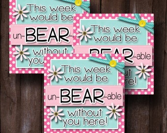 LDS Young Womens Girls Camp Pillow Treats- gummy bear candy gram teddy grahams- Gift Tags, Cards- (6) 3x3 Cards- Instant download