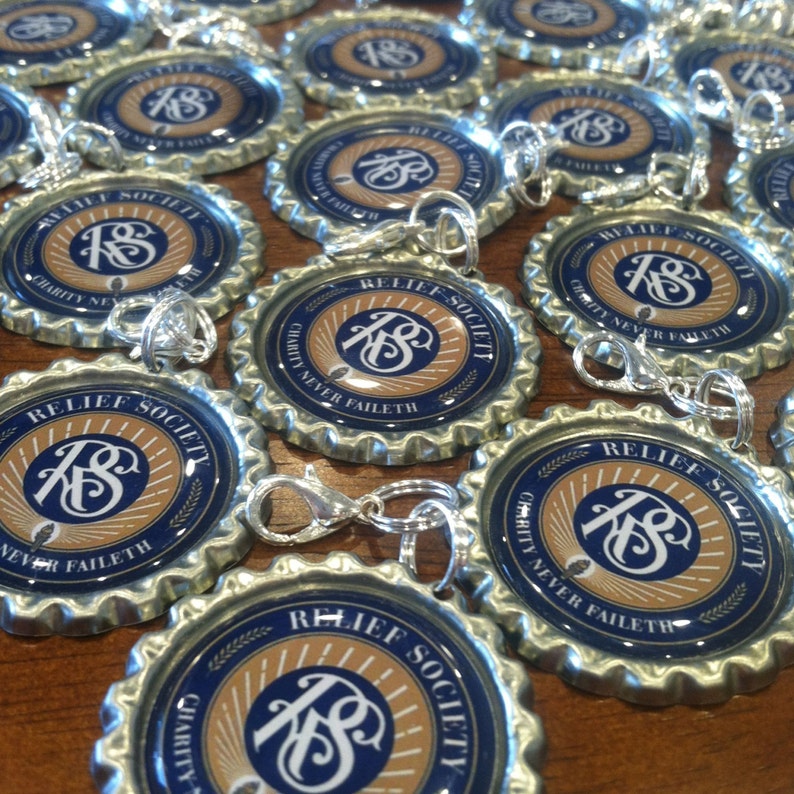 LDS Relief Society Theme, Charity Never Faileth, Relief Society Gift, Bottle Cap Zipper Pull, Bottle Cap Key Chain, Relief Society Logo image 1