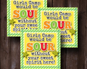 LDS Young Womens Girls Camp Pillow Treats- sour candy gram- Gift Tags, Cards- (6) 3x3 Cards- Instant download
