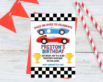 May include: A race car themed birthday party invitation with a black and white checkered background. The invitation says "Race on over to celebrate Preston's Birthday" and includes details for the party, including the date, time, location, and RSVP information.