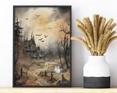 Vintage Halloween Printable Wall Art, Spooky Halloween Gallery Wall Set, Halloween Art, Halloween Landscape Painting, Watercolor Halloween