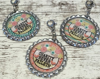 LDS Relief Society Theme, Charity Never Faileth, Relief Society, Bottle Cap Zipper Pull, Bottle Cap Key Chain, Relief Society Birthday