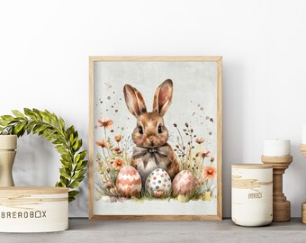 Osterhase Print, süßes Osterkaninchen, Neutraler Osterhase Ostereier, Wandkunst Ostern zum Ausdrucken, Vintage Osterdekor, Aquarell Ostern