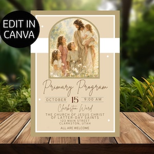 Peut inclure: Un dépliant de programme beige avec une illustration en arche représentant une figure entourée d'enfants dans un champ. Le texte indique "Primary Program", "October 15", "9:00 AM", "Clarkston Ward" et "The Church of Jesus Christ of Latter-Day Saints".