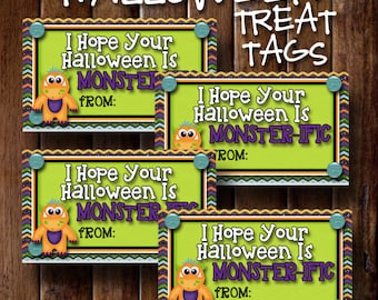 Halloween Treat Tags- I hope your halloween is MONSTERIFIC- (10) 2x3.5 Cards- Instant download