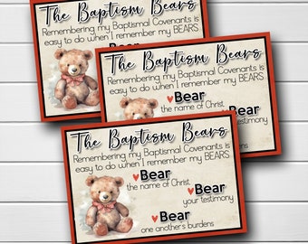 LDS Baptism Printable, Baptismal Covenants, Baptism Bears, Primary Printable, Primary Baptism Gift, Printable Baptism Gift, Come Follow Me