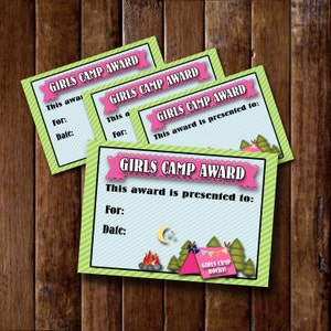 Girls Camp Awards Certificate- (4) 3.5x5 Cards- Instant download