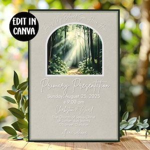 Puede incluir: Una invitación enmarcada con una escena de bosque y el texto "Este es mi Hijo amado, escuchadle." Incluye detalles para una Presentación Primaria el 23 de agosto de 2025 a las 9:00 am en Clarkston, con la dirección de la iglesia.
