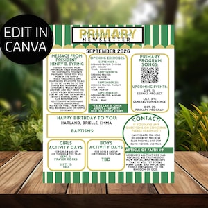 May include: A rectangular newsletter template titled Clarkston 1st Ward Newsletter September 2026 with green and white vertical stripes, gold borders, and text sections including a message from Henry B. Eyring, program songs, a QR code, and contact info.