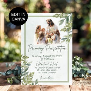 Könnte beinhalten: Eine hellgrüne Einladung mit dem Text "Primary Presentation" und dem Datum "Sonntag, 23. August 2025". Die Einladung zeigt eine Illustration von Jesus mit Kindern und dekorativen Blättern. Der Text "EDIT IN CANVA" befindet sich oben links.