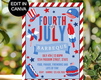 Redigerbar 4 juli-grillinbjudan, inbjudan till fjärde juli-fest, grillinbjudan till fjärde juli, 4 juli-fest, patriotisk inbjudan