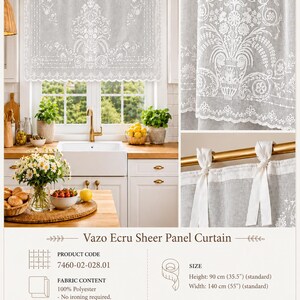 May include: A Vazo Ecru sheer panel curtain featuring white floral embroidery on a light gray fabric. The curtain has tie-top tabs and a scalloped bottom edge. It measures 35.5 inches in height and 55 inches in width. Made of 100% polyester.