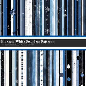 May include: A collection of 20 blue and white seamless patterns featuring snowflakes and ornaments. The patterns are arranged in vertical stripes and are perfect for use in digital or printed designs.