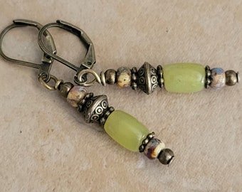 OLIVE JADE Barrel Picasso Bead Earrings Bronze Tone Brass Lever Back Ear wires