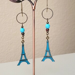 EIFFEL TOWER Charm Blue Howlite Earrings Bronze Plated Brass Long Earwires Paris France