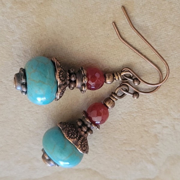 Blue HOWLITE CARNELIAN Earrings Copper Plated Brass Hook Ear wires