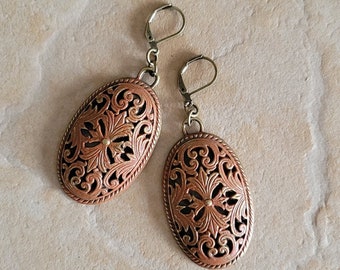 Large Bronze Filigree Chestnut Brown Hand Painted Lever Back Earrings