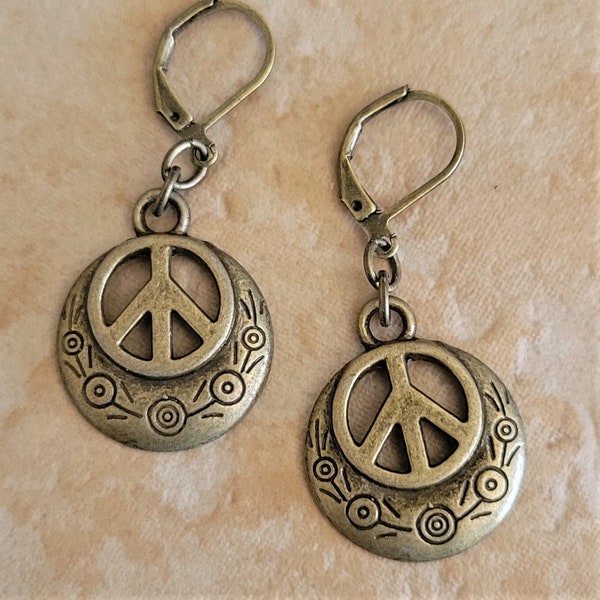 PEACE SIGN Daisy Flower Earrings Bronze Plated Brass Lever Back Earwires Bohemian