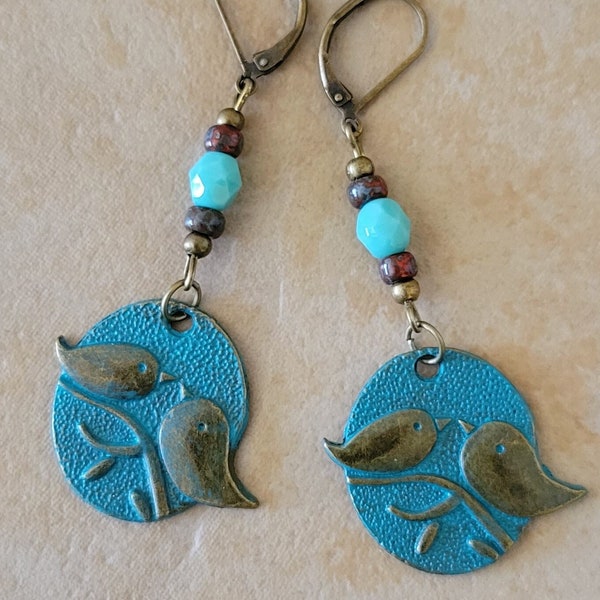 Birds on Branch Charm Blue Czech Earrings Bronze Tone Lever Back Picasso Beads