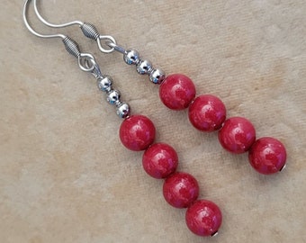 Cherry Red MARBLE Stick Earrings Stainless Steel French Hook Earwires