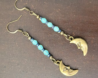 Crescent MOON Face Charm Earrings Picasso Czech Bead Bronze Plated Hook Earwires
