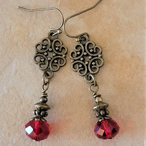 RED Crystal Rondelle Filigree Earrings Bronze Plated Brass Hook Earwires, Rustic