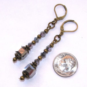 Metallic Silver Crystal CUBE EARRINGS, Bronze Tone, Lever Back Ear wires, Long Dangle